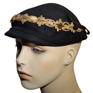Vintage 50s Glentover Henry Pollak Black Wool Newsboy Cap Gold Trim Hat PinUp